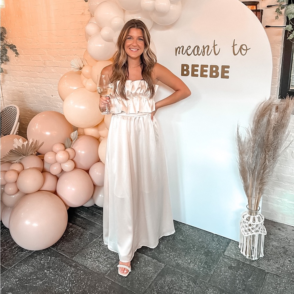 Strapless Satin Champagne Ruffle Maxi